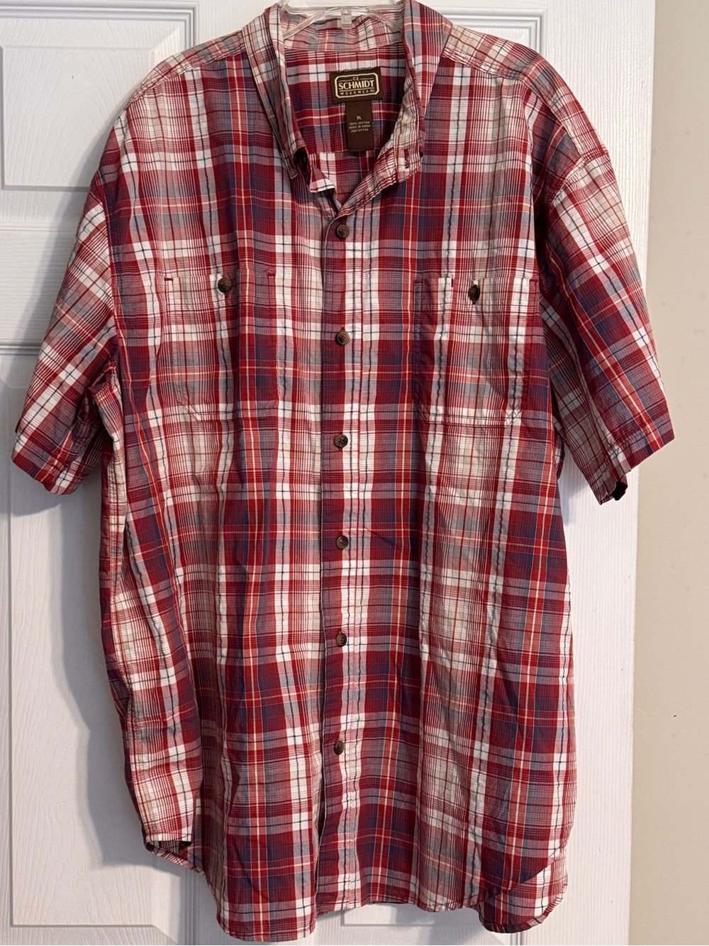 CE Schmidt Workwear Red White Plaid Short Sleeve Button-Front Cotton Shirt Sz XL